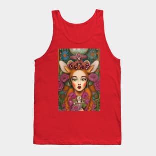 Fantasy Fox Goddess with crown of flowers holding a chipmunk. Tank Top